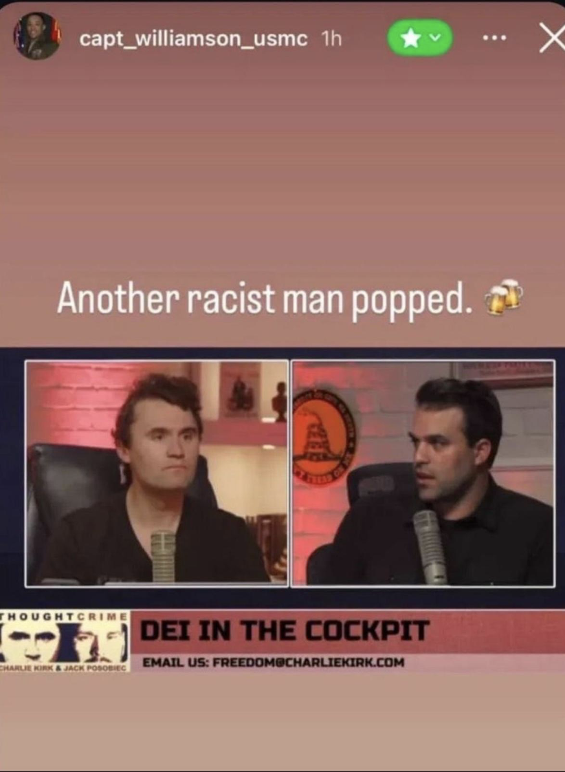 Captain Williamson Instagram post: Another racist man popped